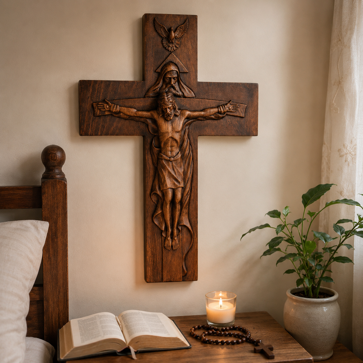Holy Trinity crucifix hanging at a bedside with a bible and plants