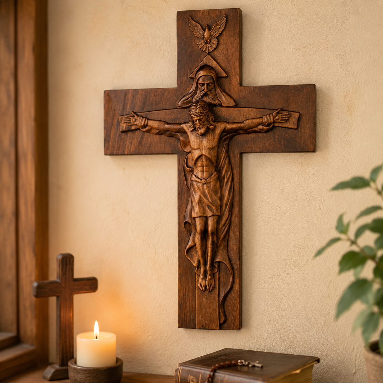 Two sizes of the Holy Trinity crucifix on a wall above a candle