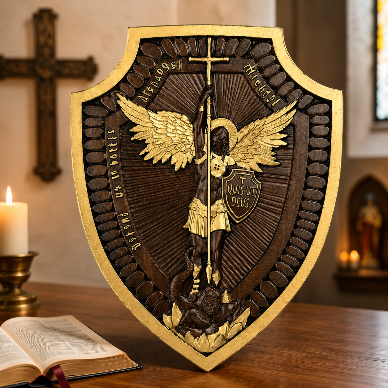 The Michael Shield beside a candle in a stone chapel
