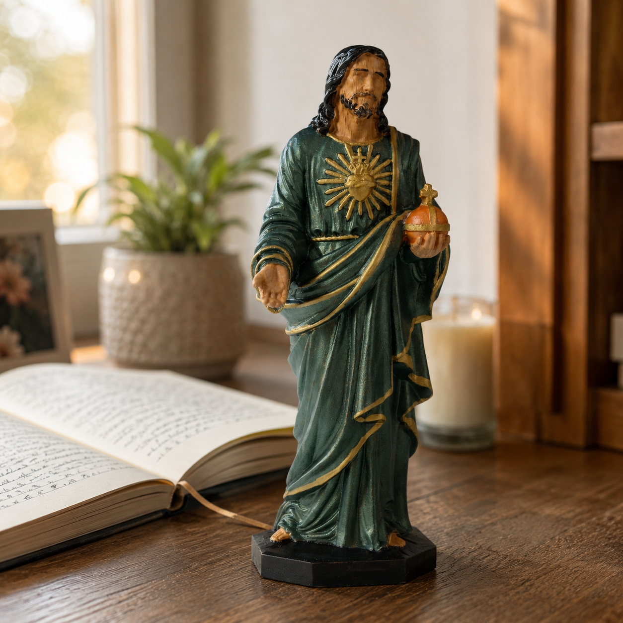 Hand-painted Sacred Heart statue on a desk with a book, candle, and cross