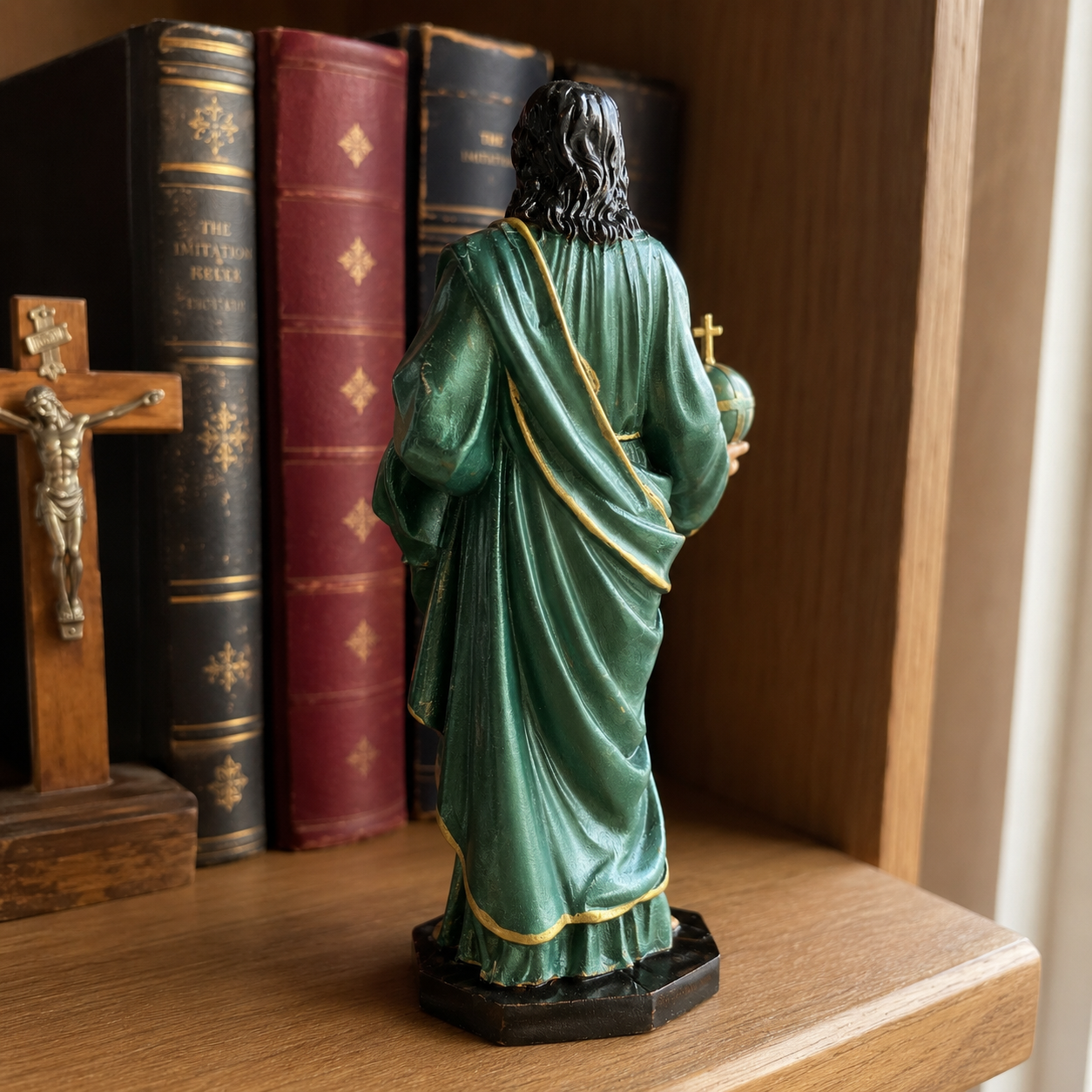 The back of the hand-painted Sacred Heart statue, showing the painted robe
