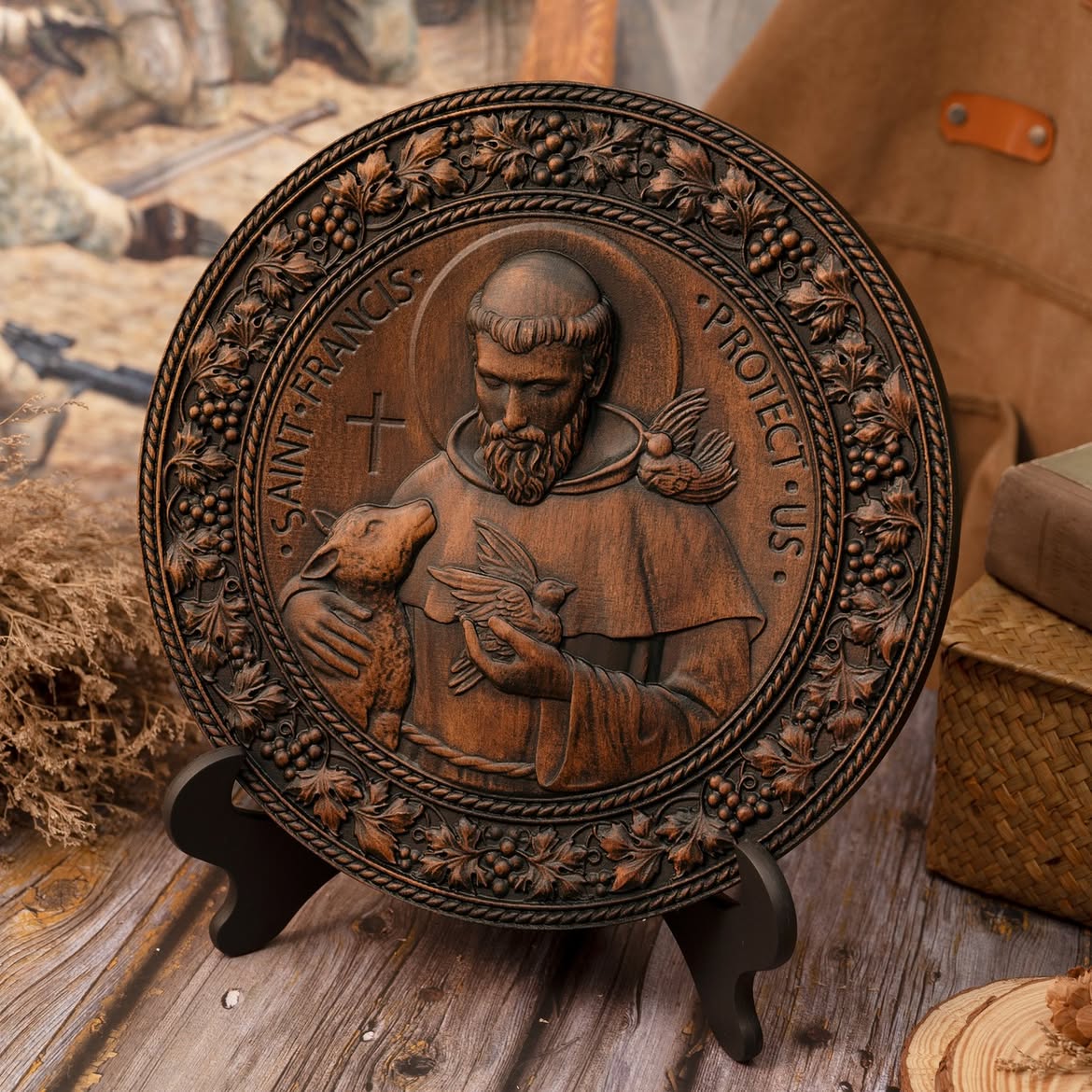 St. Francis medallion on its stand in the studio