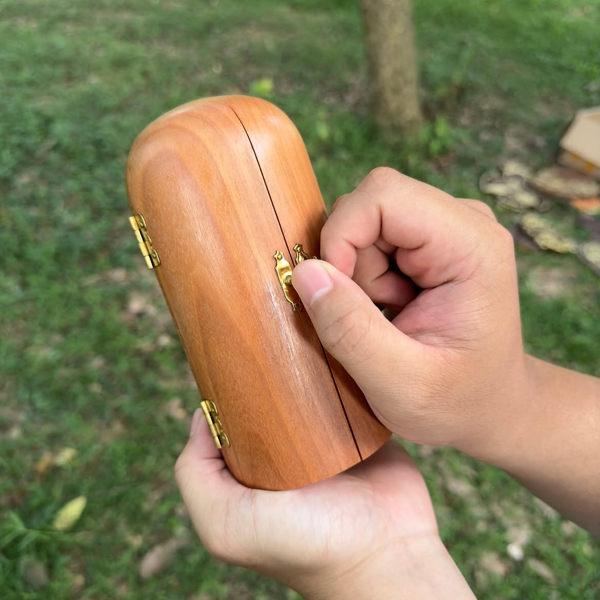 The travel altar closed into its carved case, held in two hands