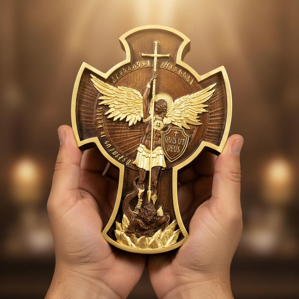 The Archangel Michael carving with gold detail held in two hands