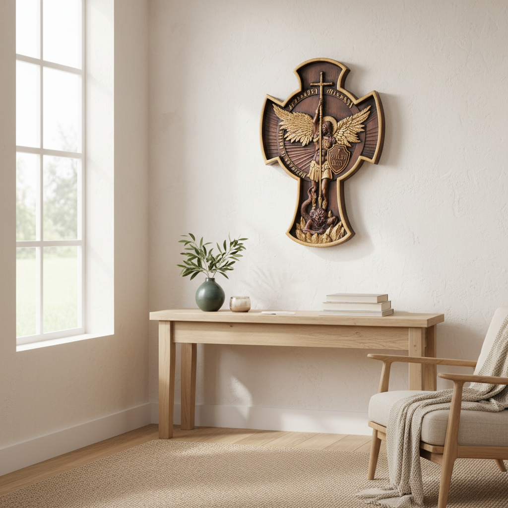 Archangel Michael carving displayed in a bright sitting room