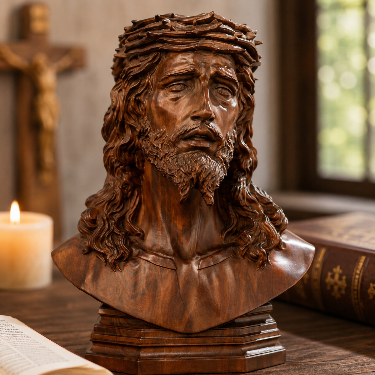 Crown of Thorns bust on a desk beside a candle
