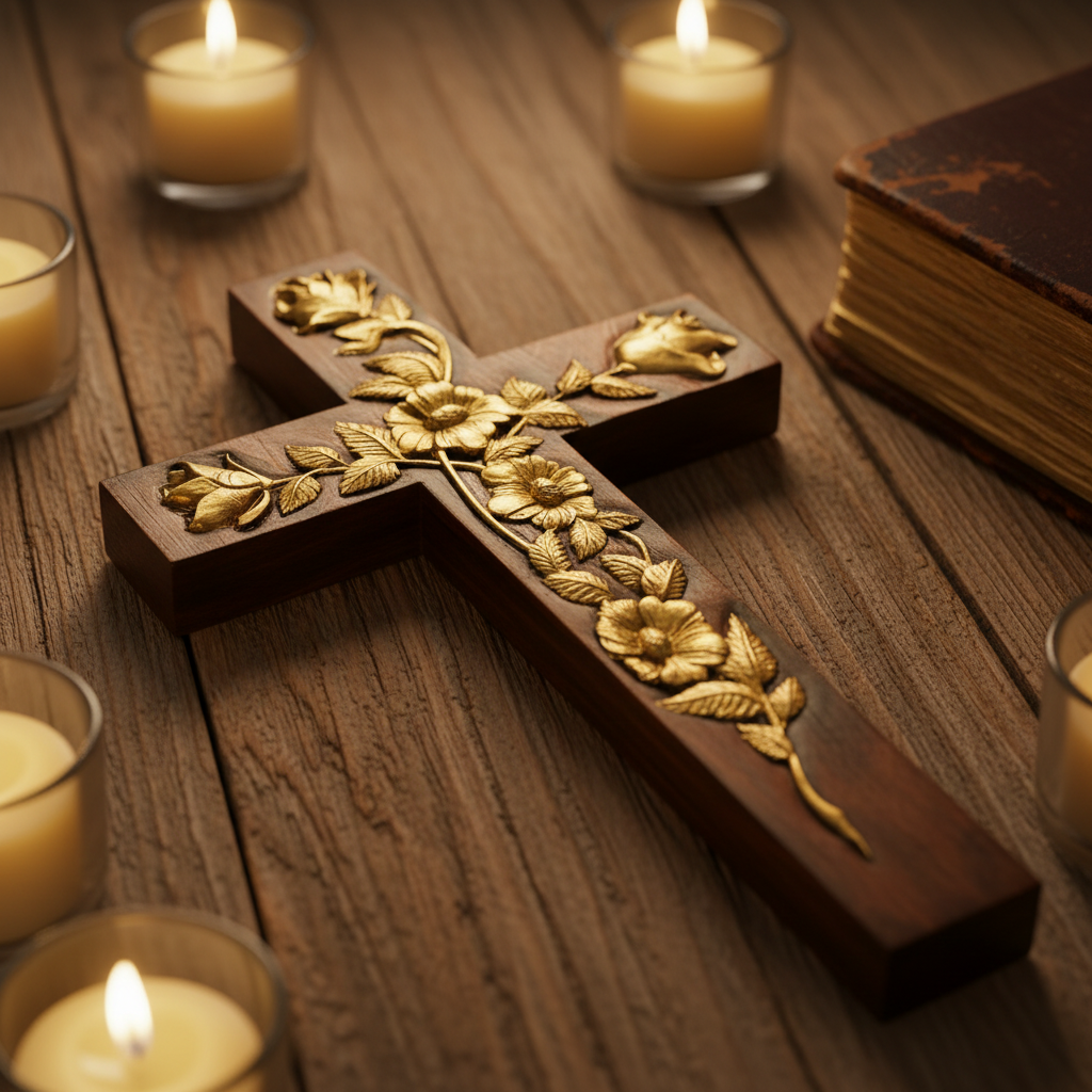 Gold-painted roses on the carved cross, lying flat in warm light