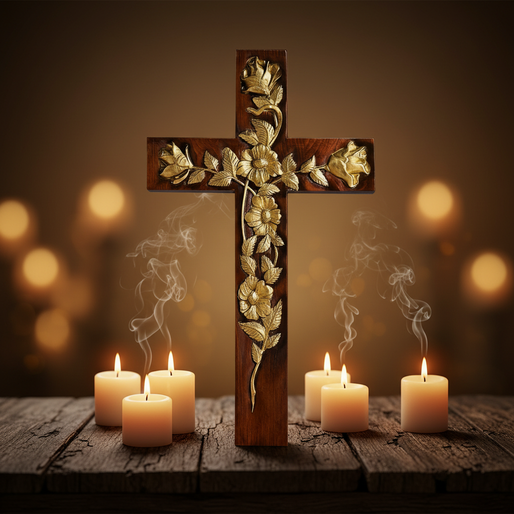 The Rose Cross standing among lit candles