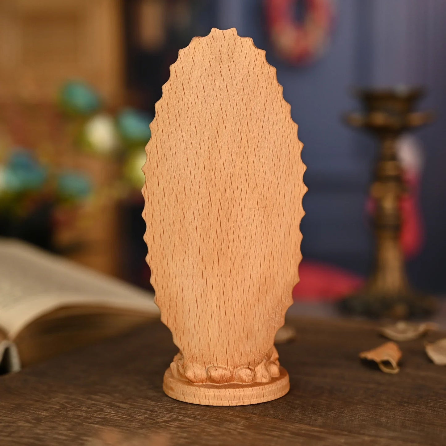 The back of the beechwood Our Lady of Guadalupe carving