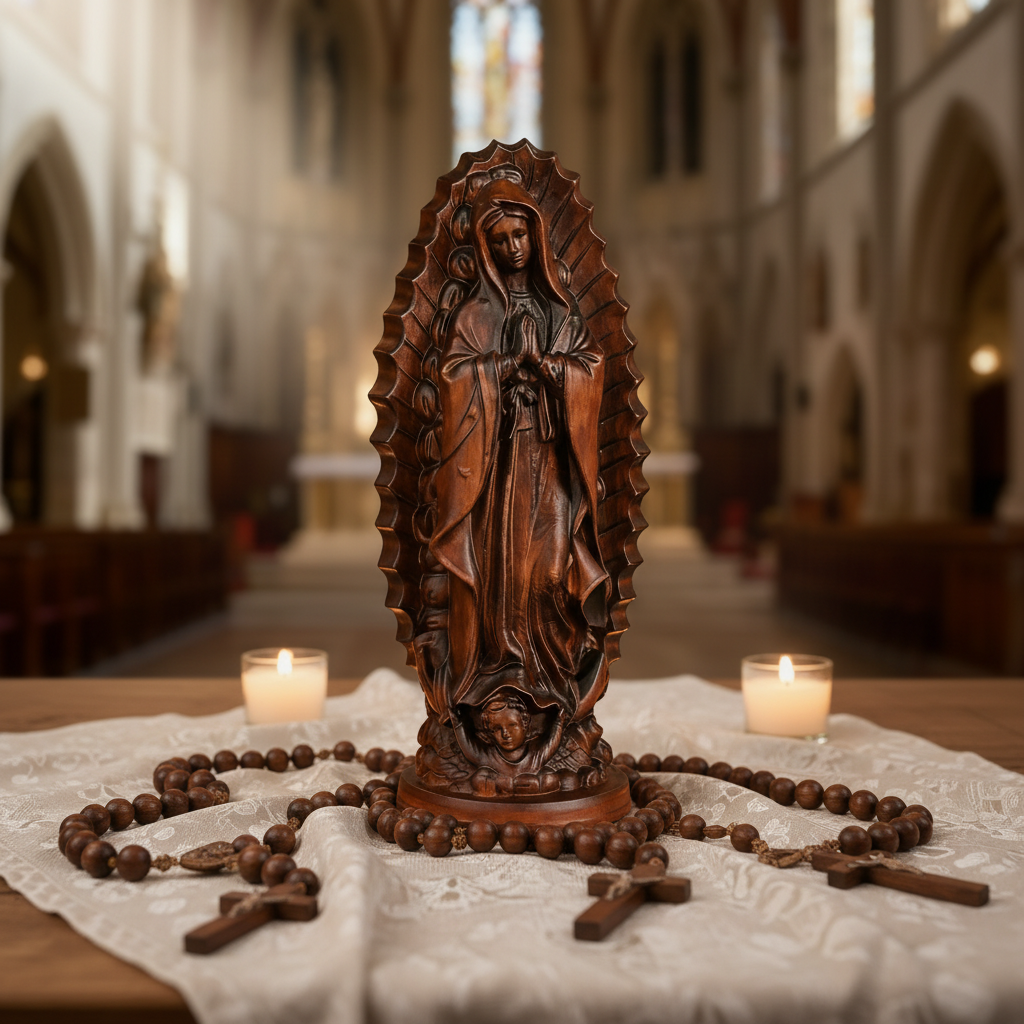 Vintage Our Lady of Guadalupe on a lace altar cloth with rosary and candles