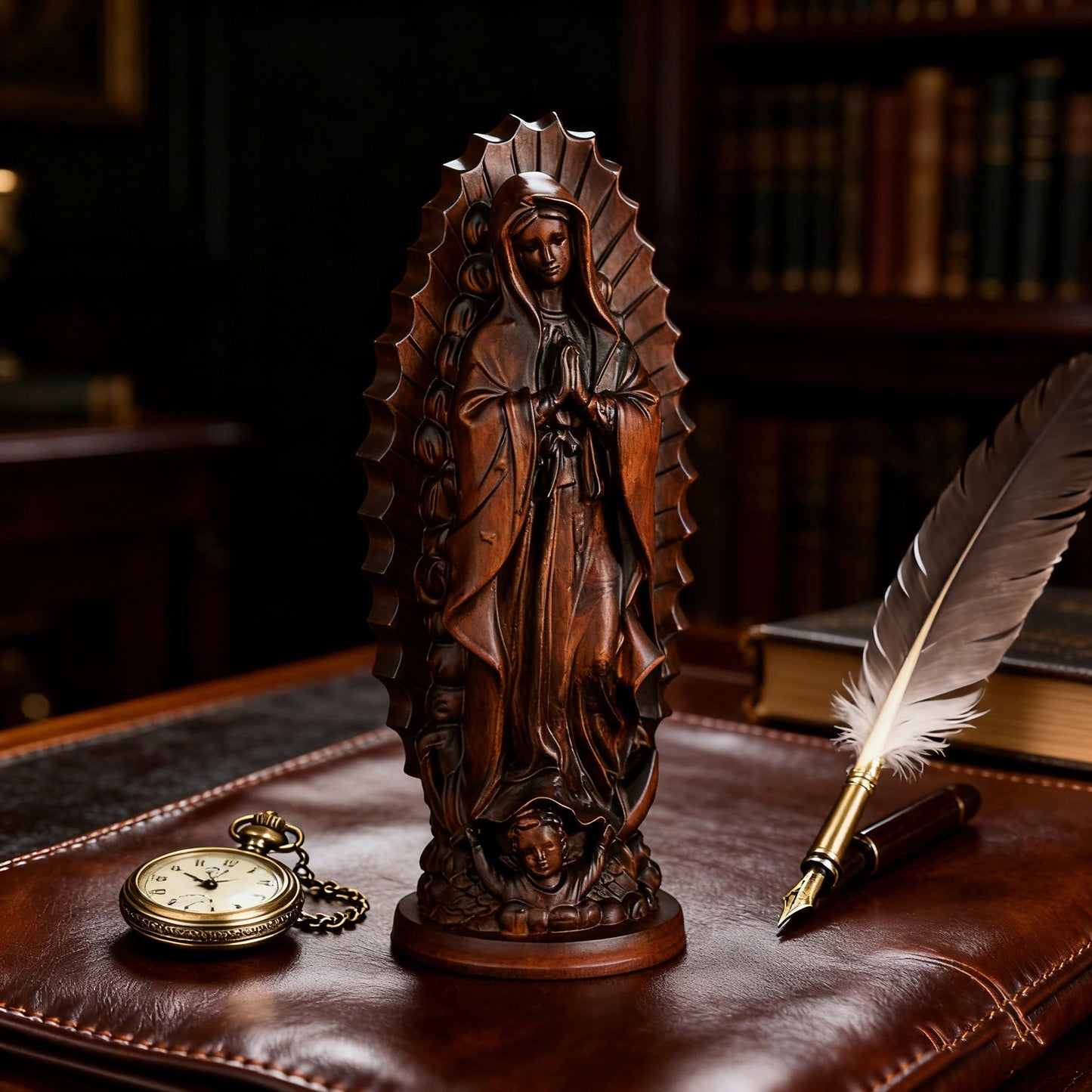 Vintage Our Lady of Guadalupe on a desk beside a pocket watch and quill