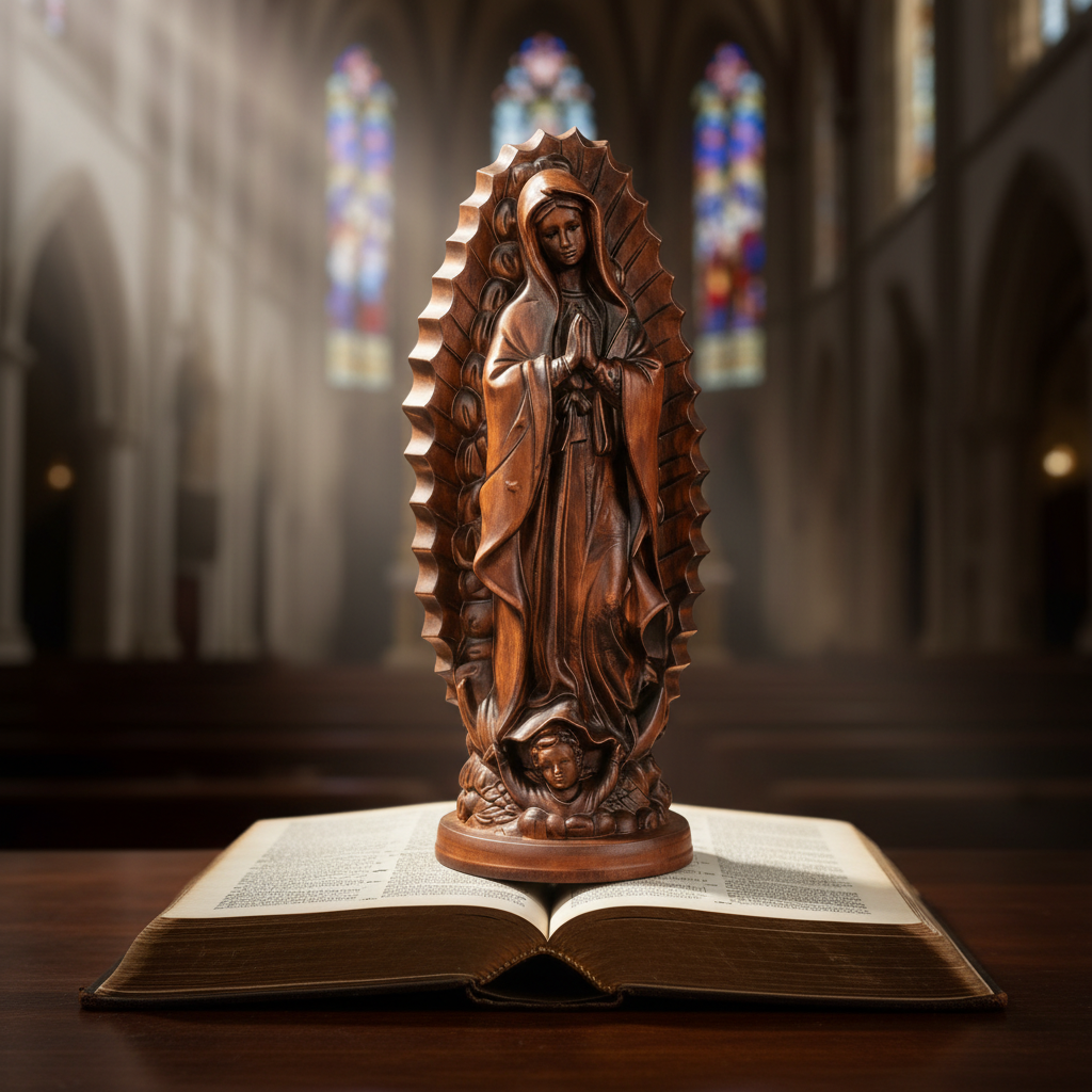 Our Lady of Guadalupe in vintage finish over an open bible in a beam of light