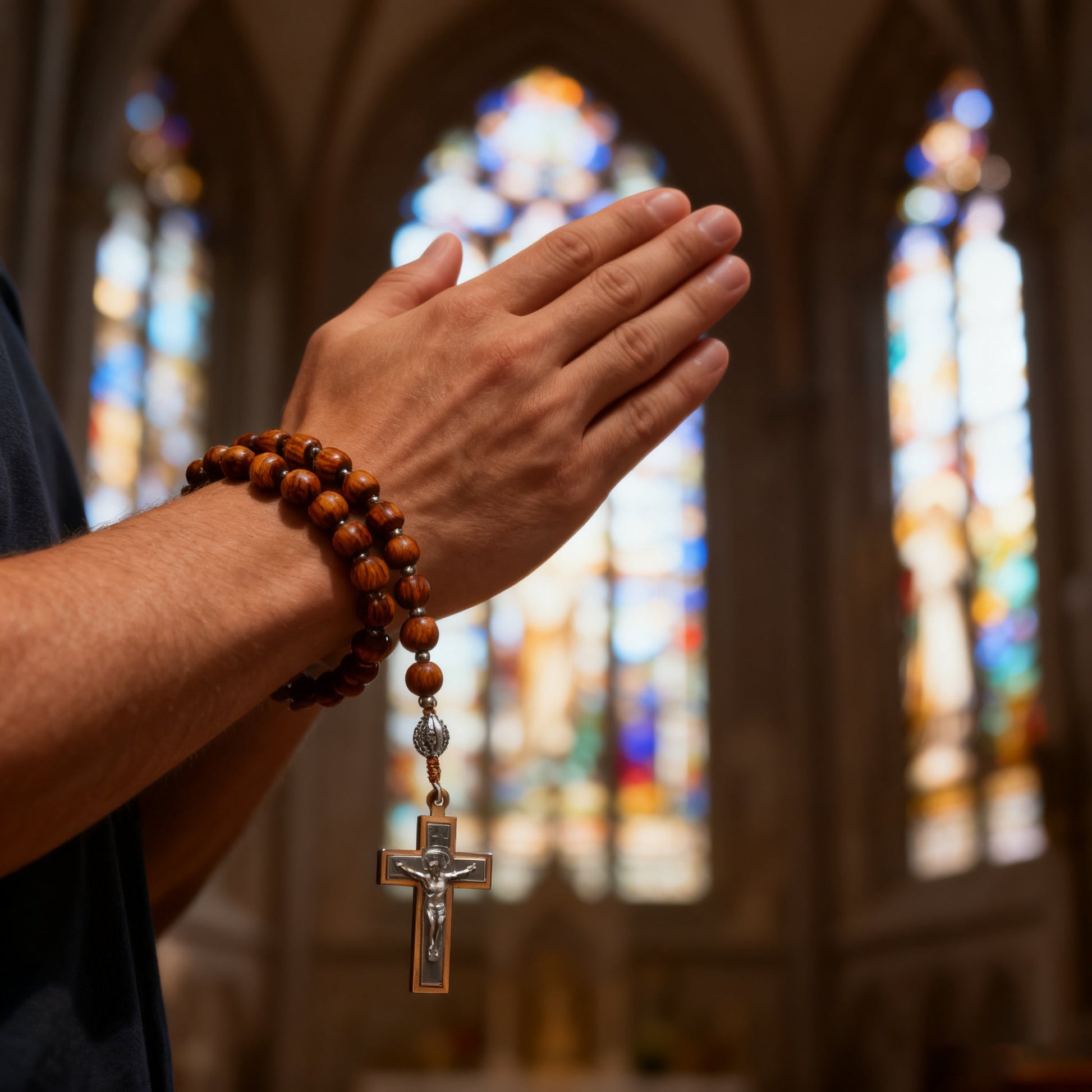 Hands folded in prayer with the St. Benedict rosary
