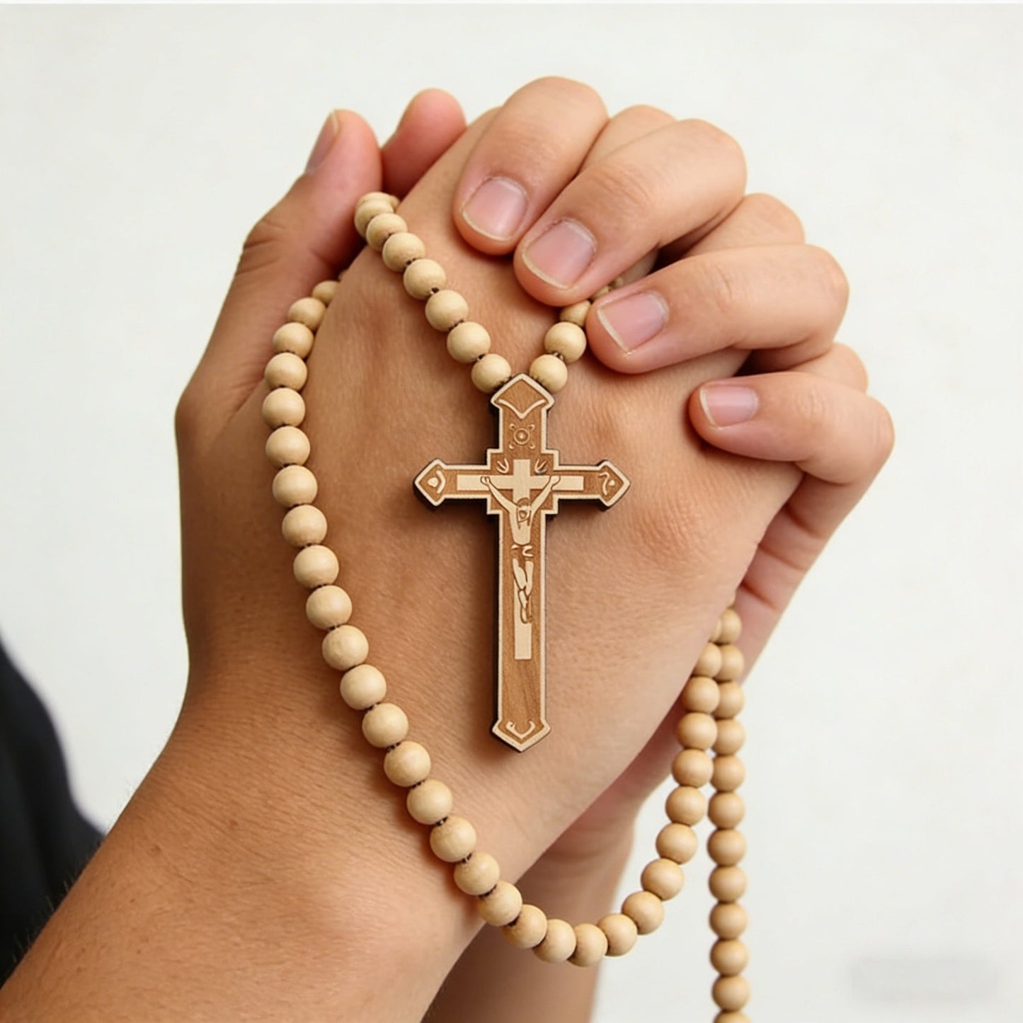Wooden bead rosary held in two hands