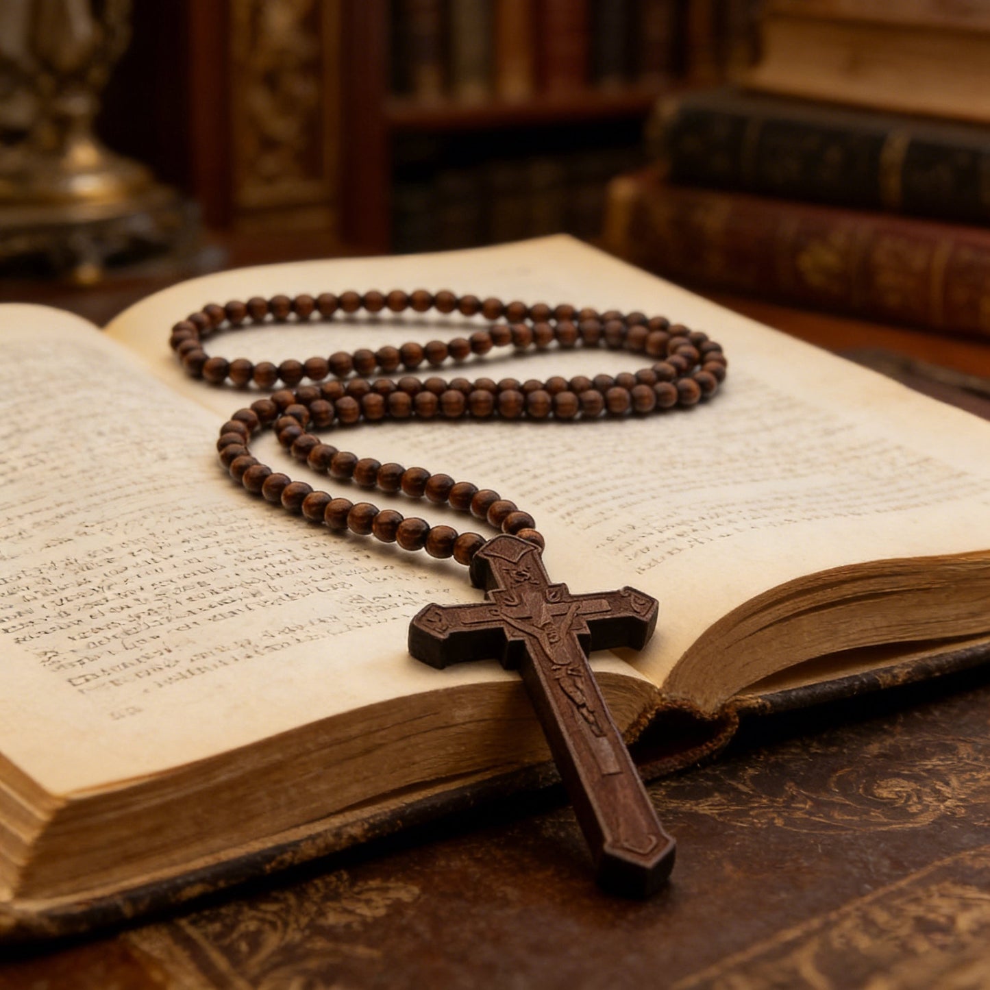 Brown wooden bead rosary on an open book