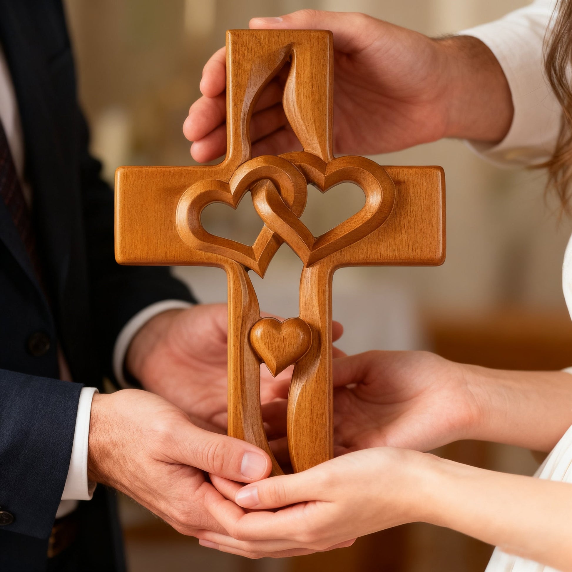 Two pairs of hands exchanging the interwoven hearts cross