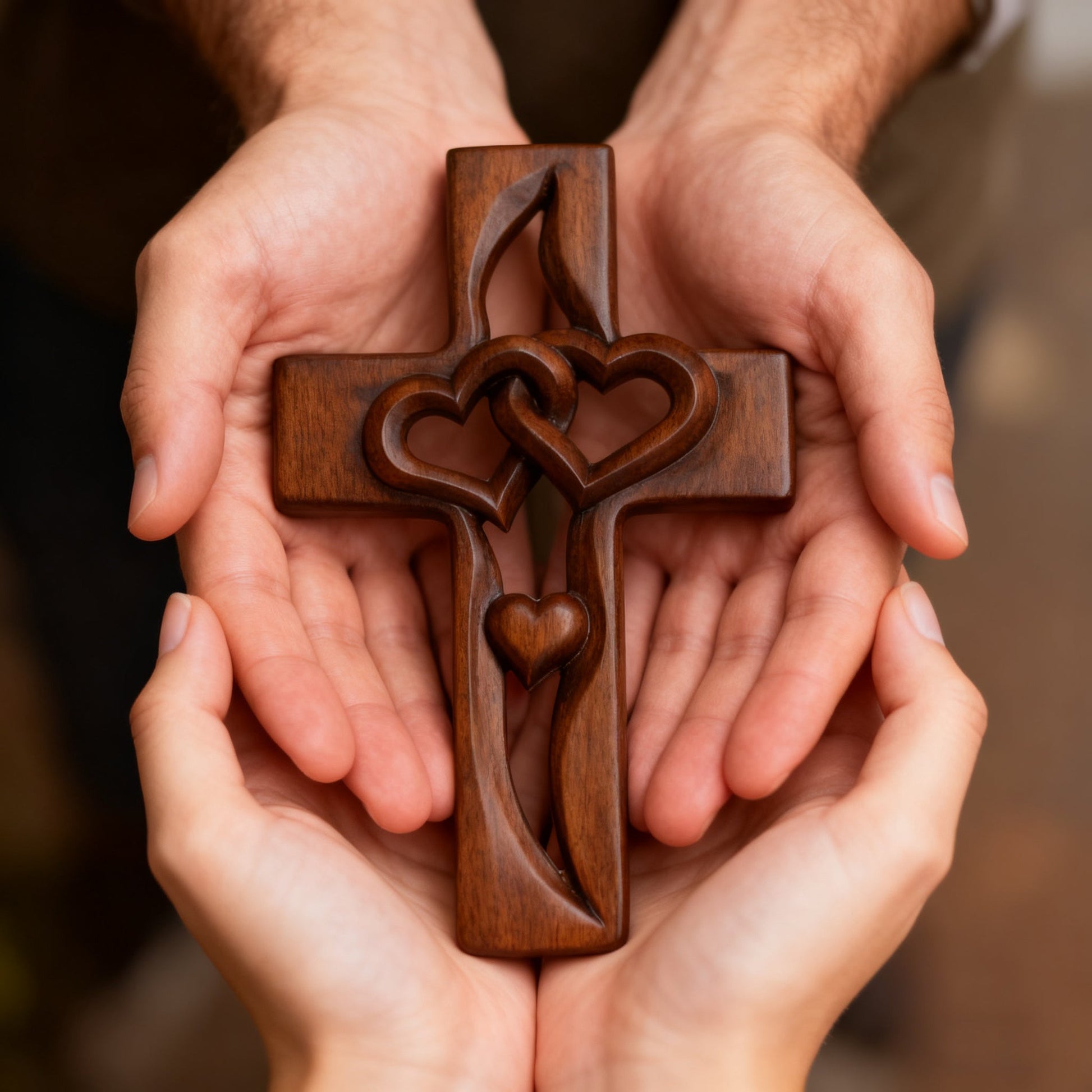 The interwoven hearts cross cradled in nested hands