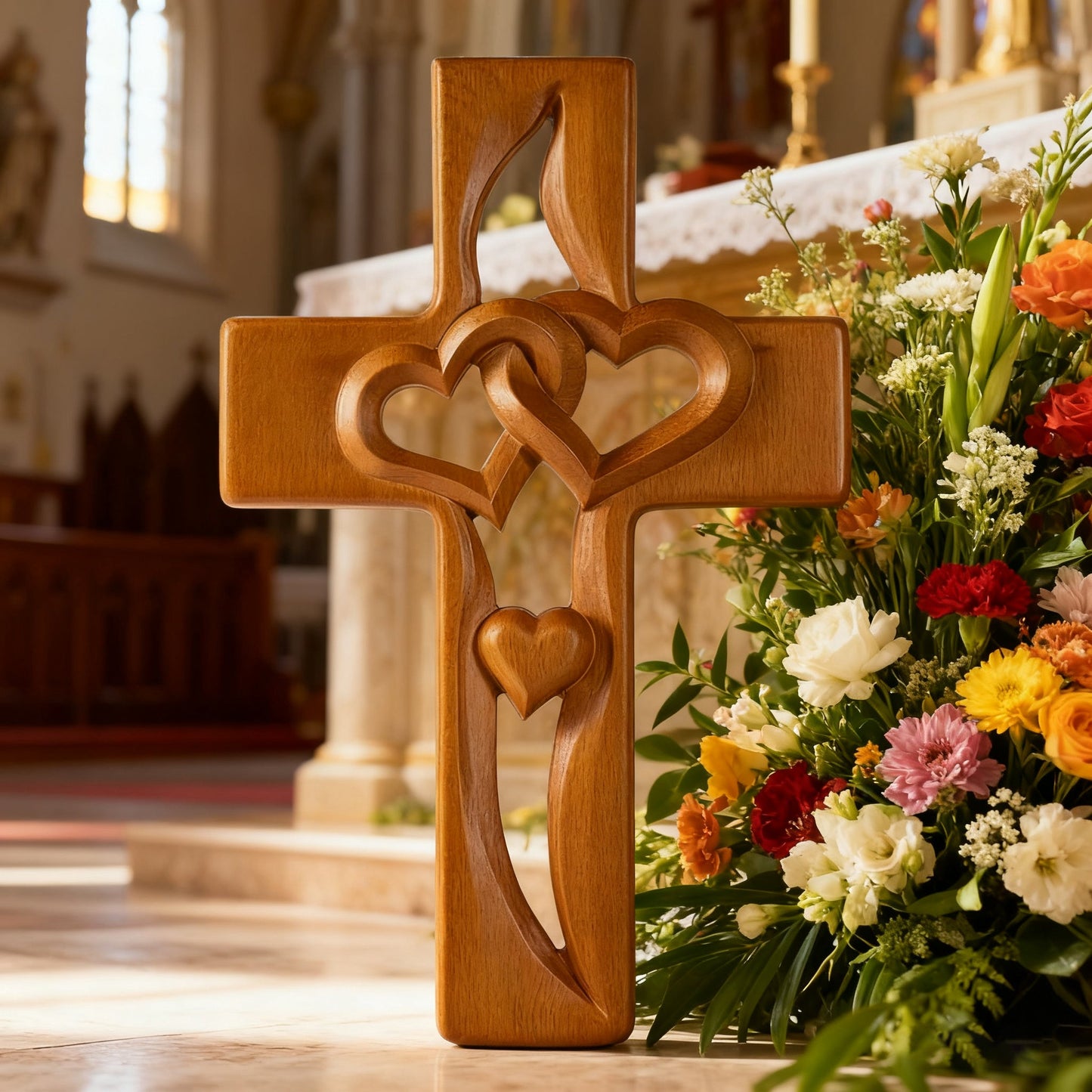 The hearts cross on a flower-covered church altar