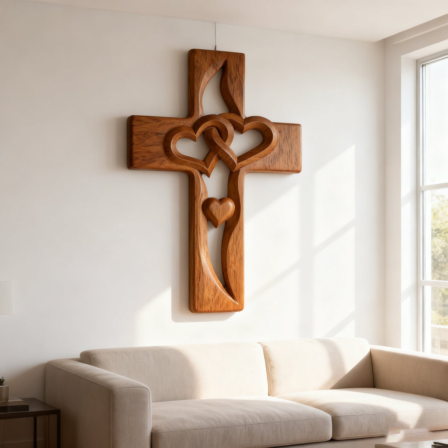 The interwoven hearts cross on a living room wall