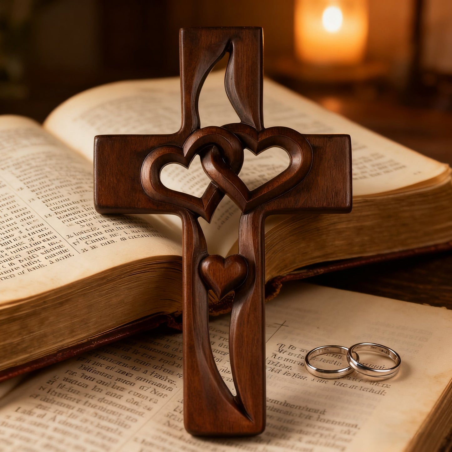 The hearts cross on an open book beside two wedding rings