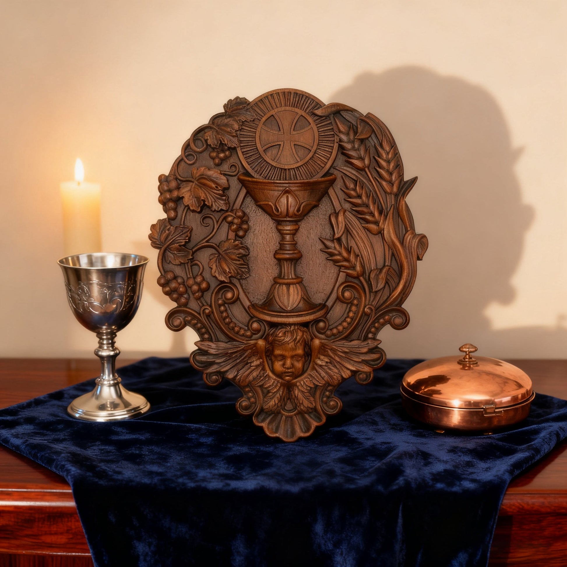 The Eucharist carving beside a chalice and bread on blue velvet