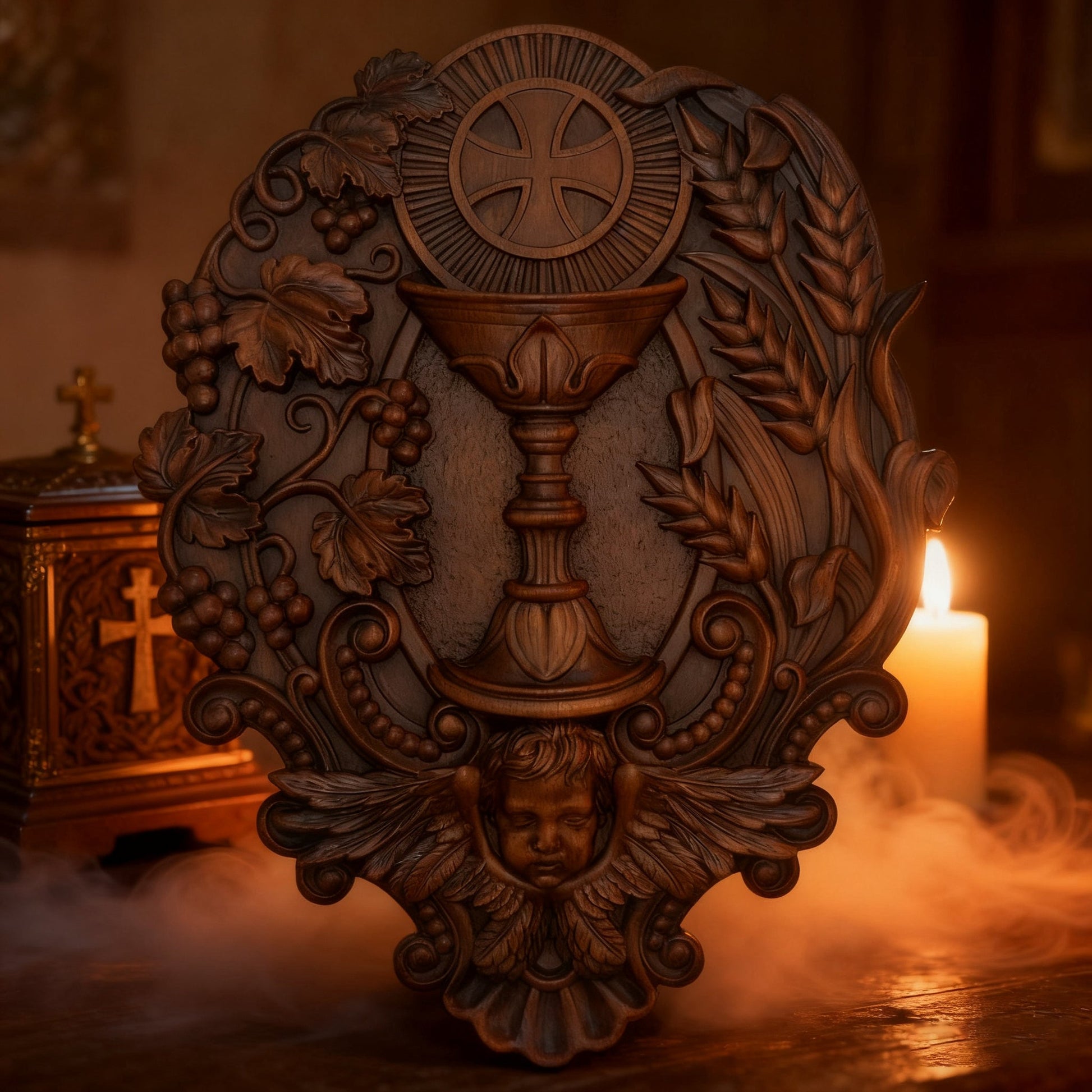 Close view of the carved chalice, host, and wheat