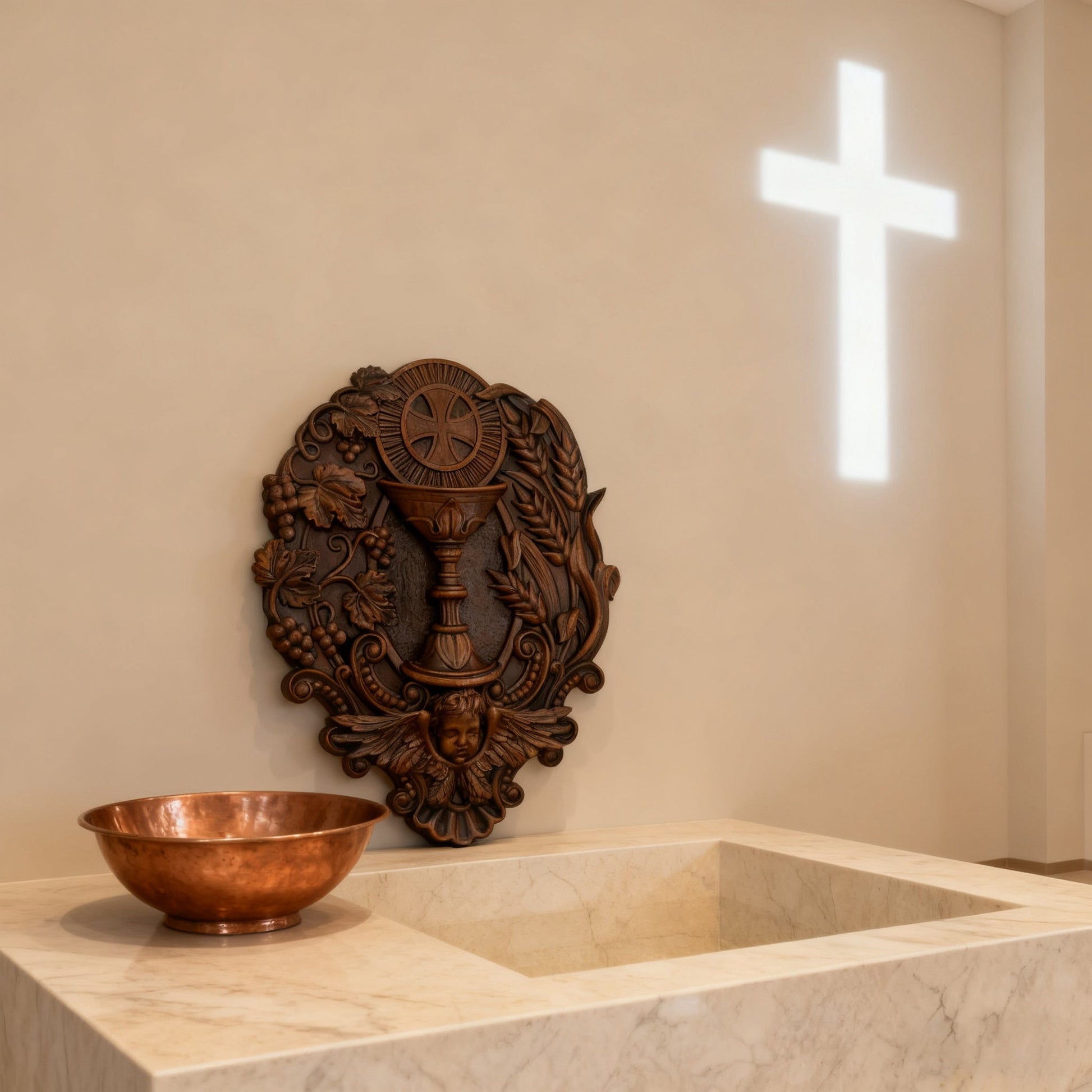 The First Communion carving beside a stone basin and bread