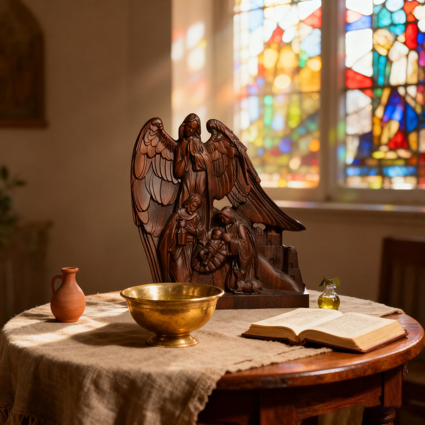 The Guardian Angel statue by a stained glass window