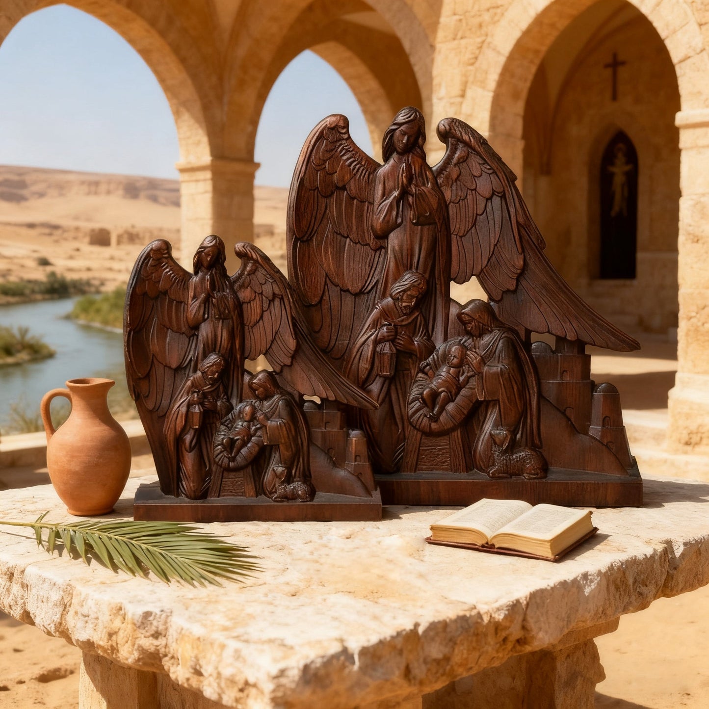 The statue in a stone archway in desert light