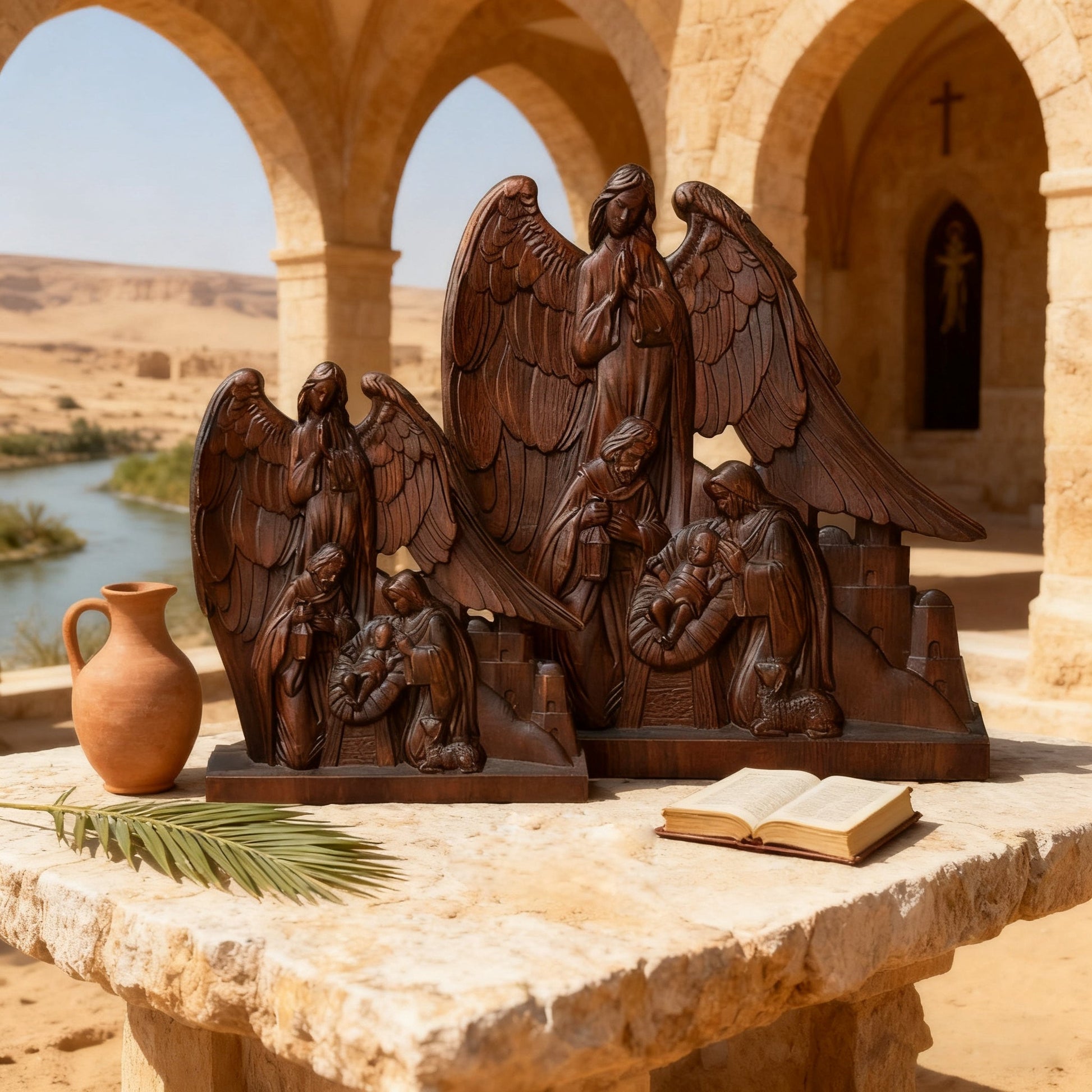 The statue in a stone archway in desert light