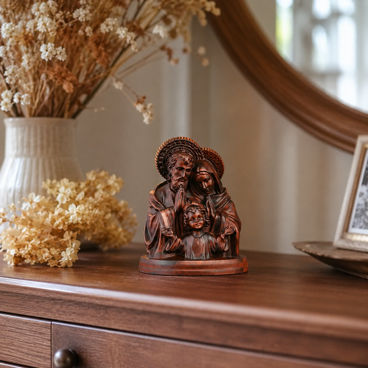 The Holy Family carving on a dresser with dried flowers