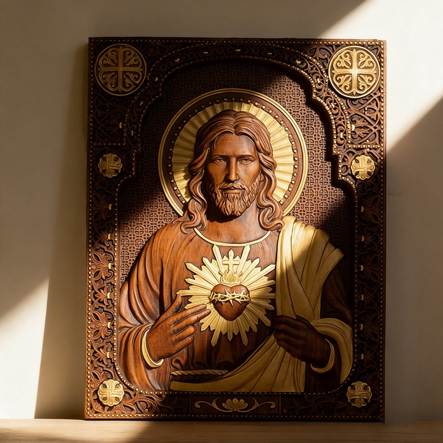 The Sacred Heart Icon in gilded finish leaning against a sunlit wall