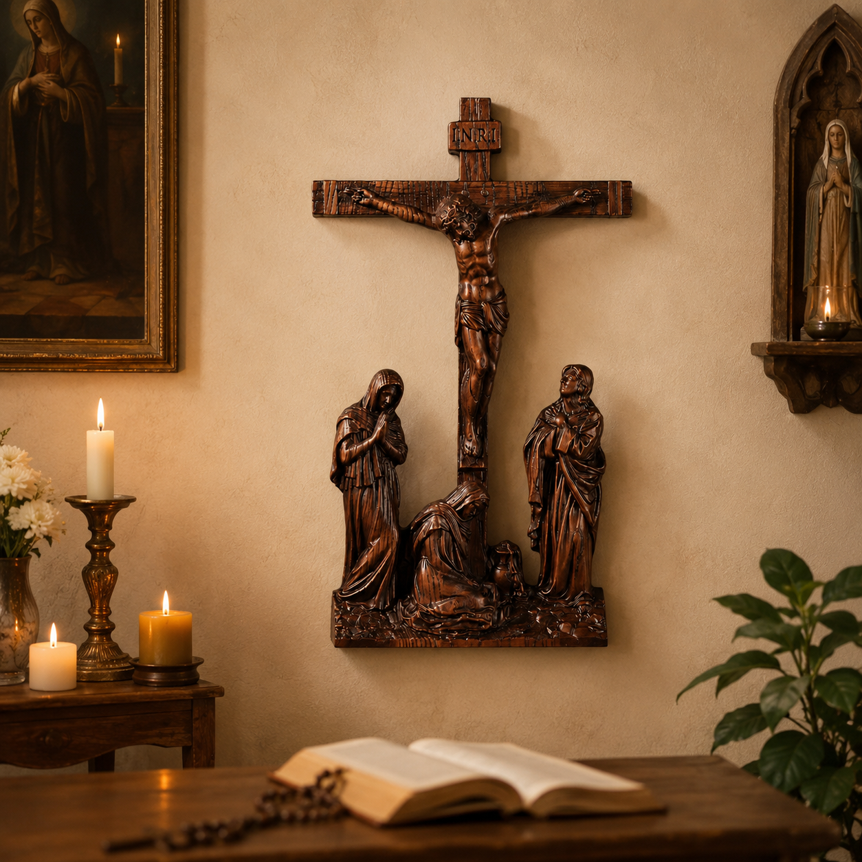 The Crucifixion Scene on a wall above a candle and open bible