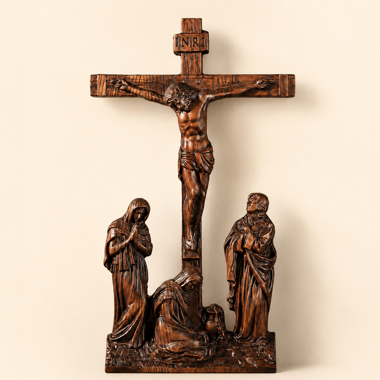 The full Calvary scene carved in solid wood, front view