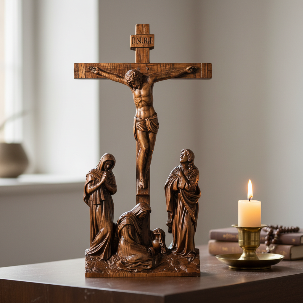 The Crucifixion Scene on a dark table by candlelight