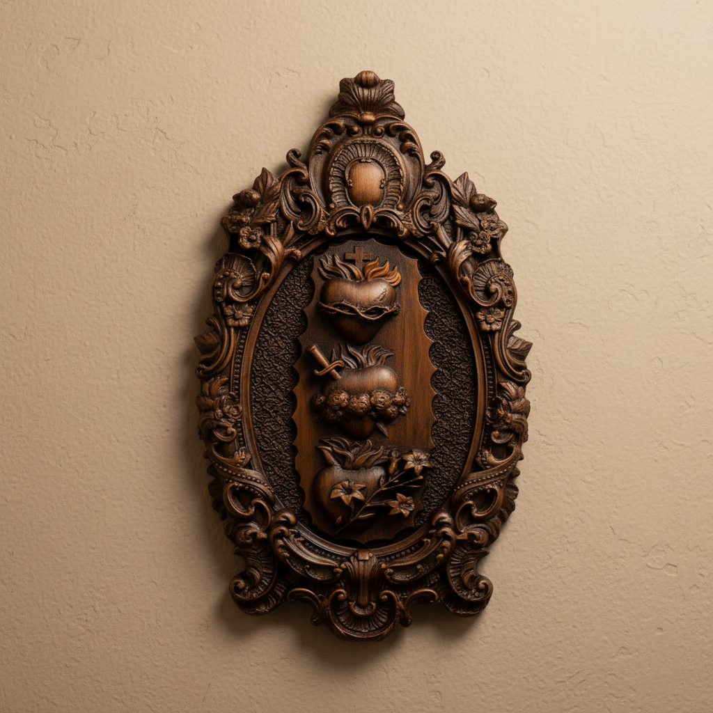 The Three Sacred Hearts oval carving on a plain wall