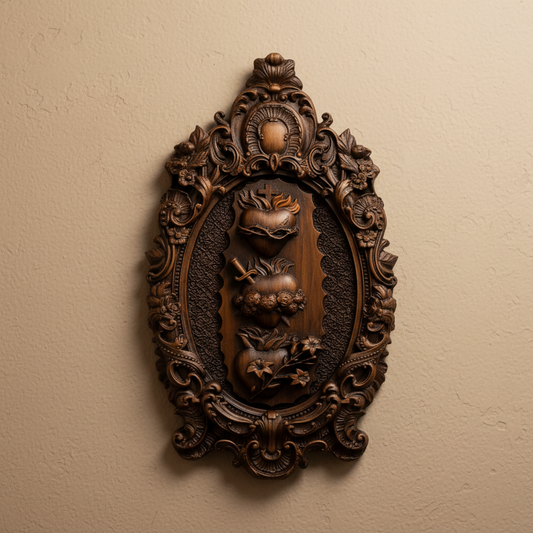 The Three Sacred Hearts oval carving on a plain wall