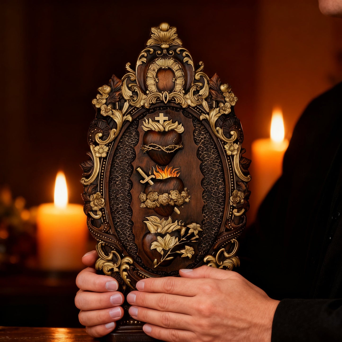 The Three Sacred Hearts held by candlelight