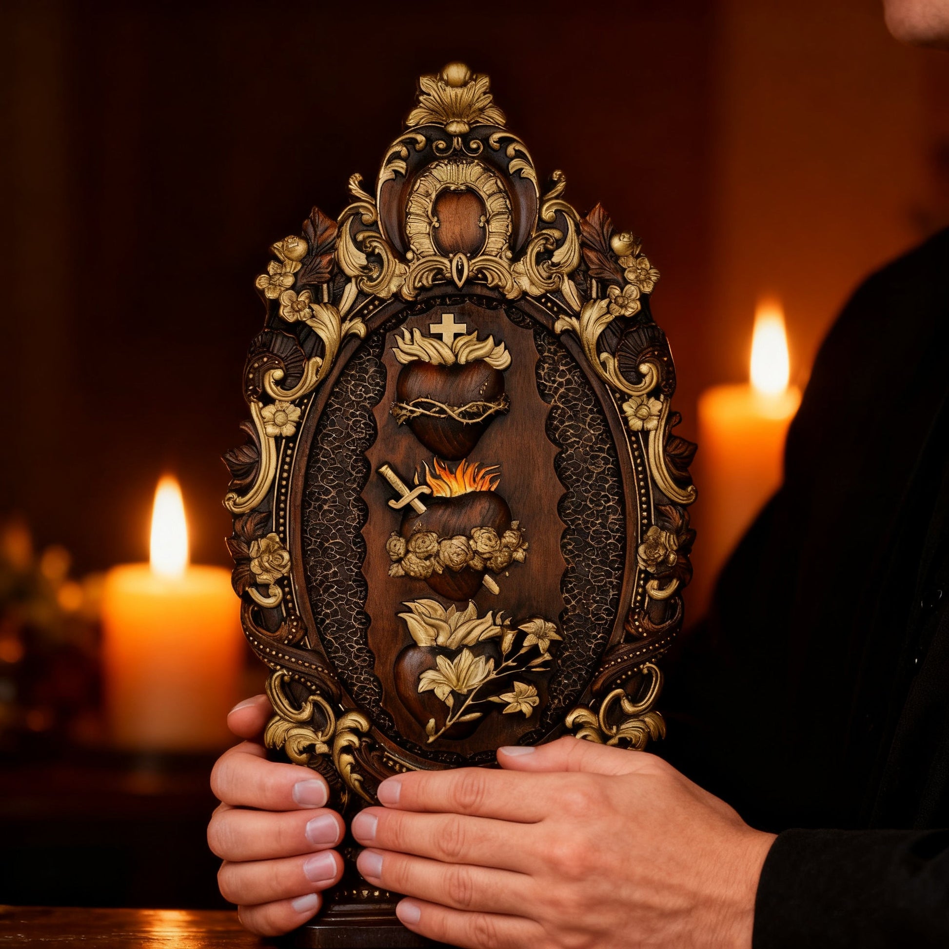 The Three Sacred Hearts held by candlelight