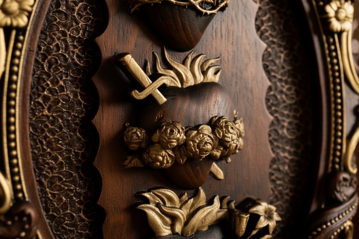 Close detail of the three gilded hearts