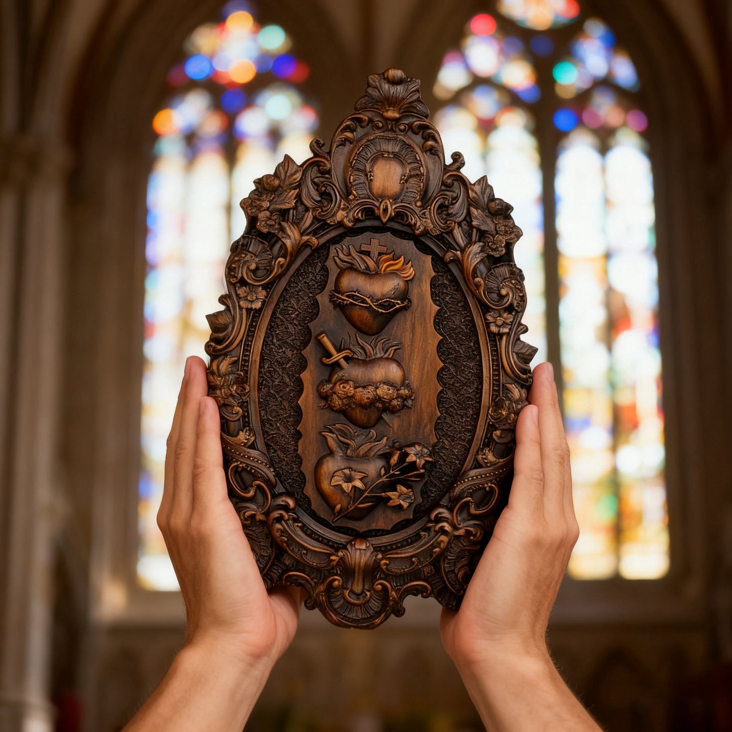 The carving held up before a stained glass window