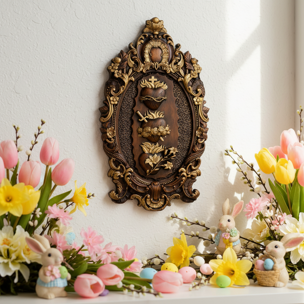 The Three Sacred Hearts on a table with spring flowers