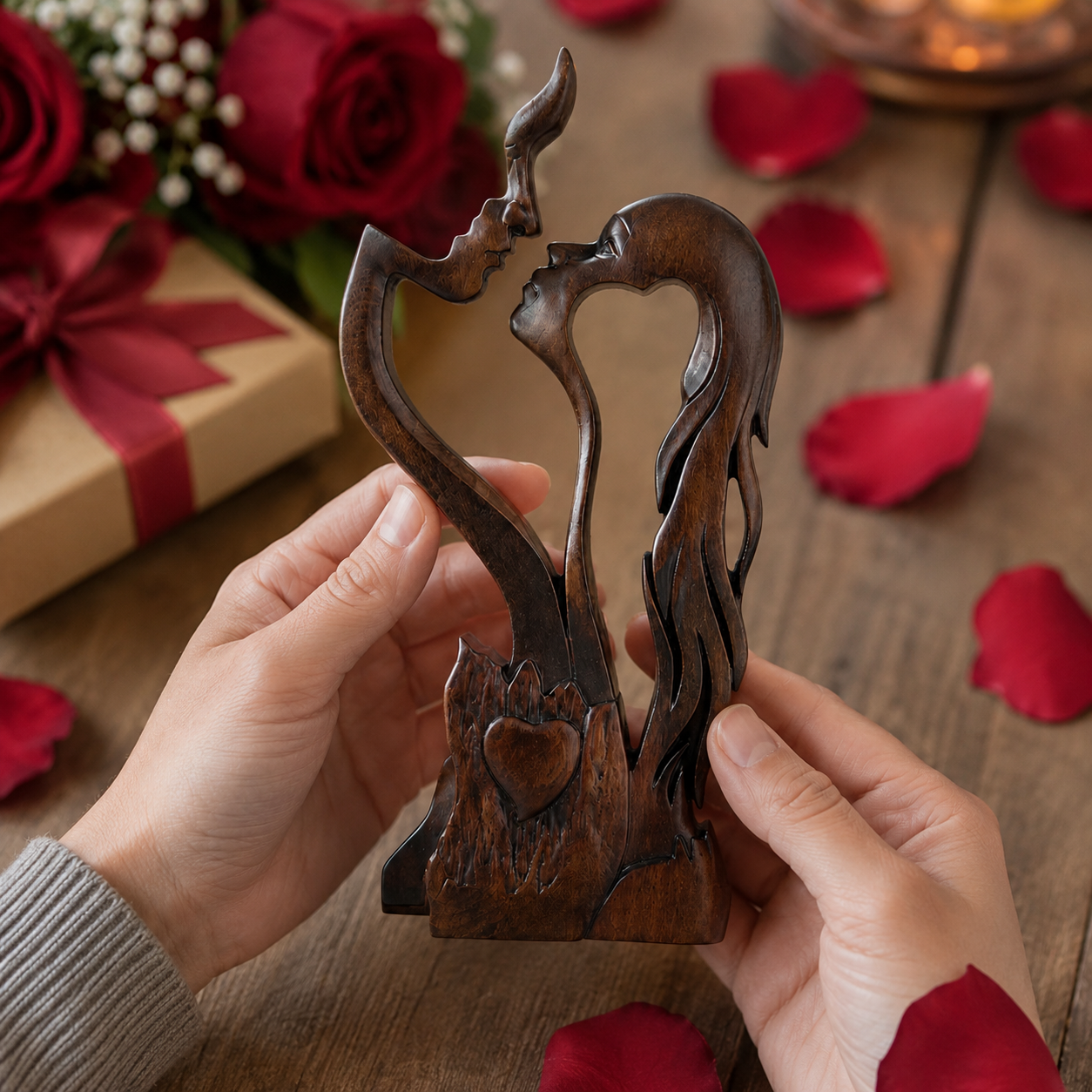 Two pairs of hands cradling the Love Eternal carving