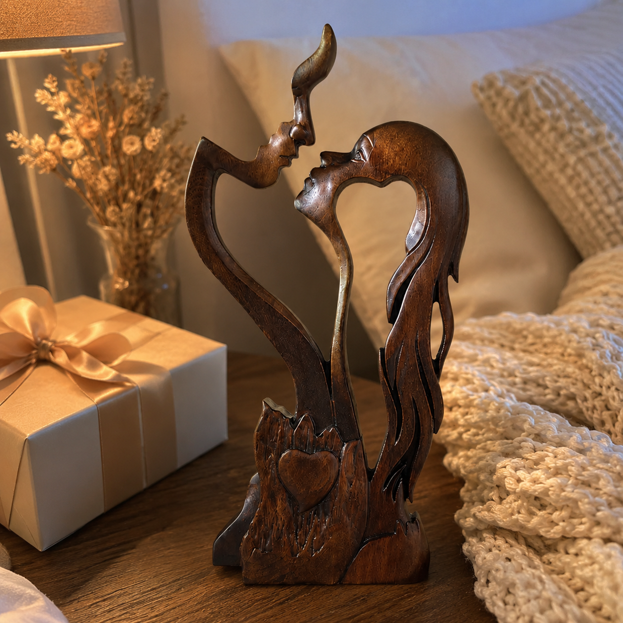 The carving beside its gift box and dried flowers