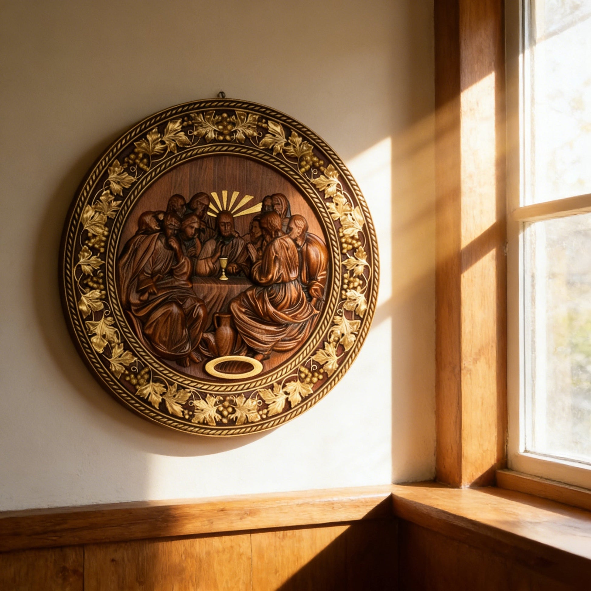 The Last Supper roundel on a sunlit wall
