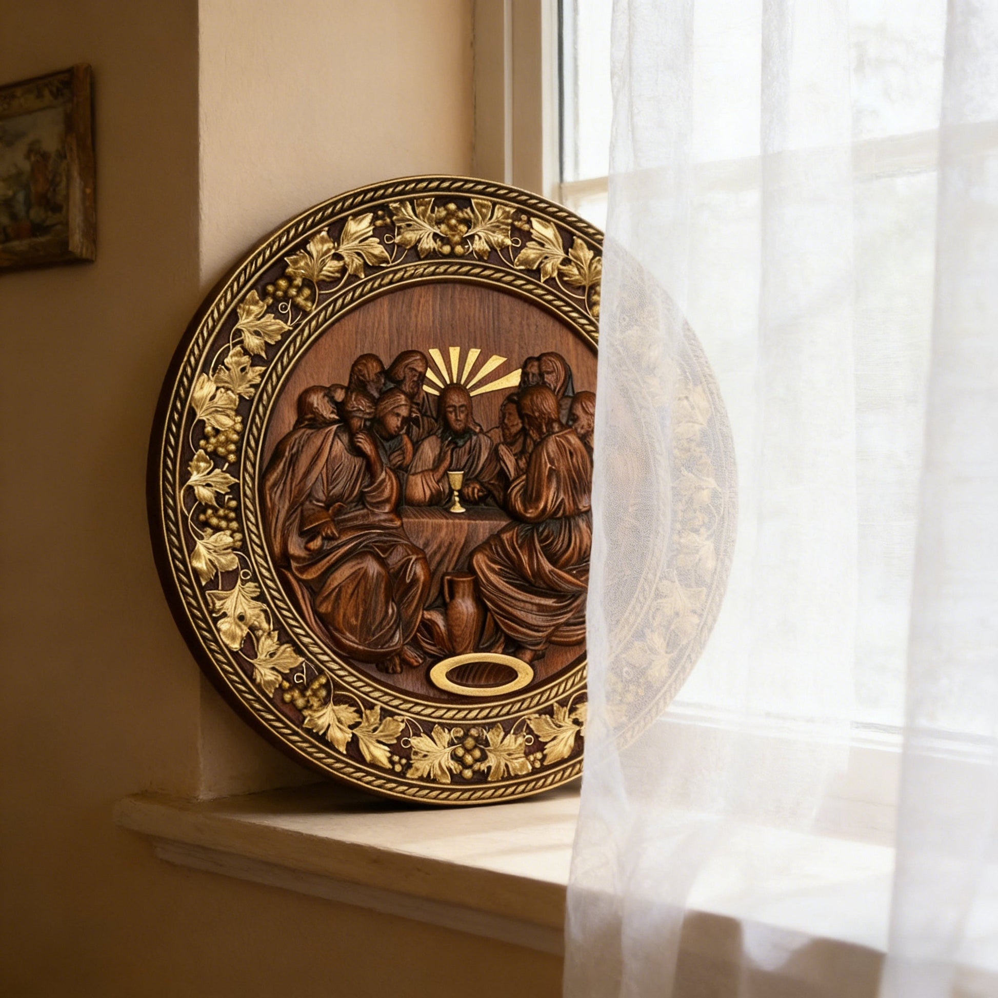 The roundel held beside a window curtain