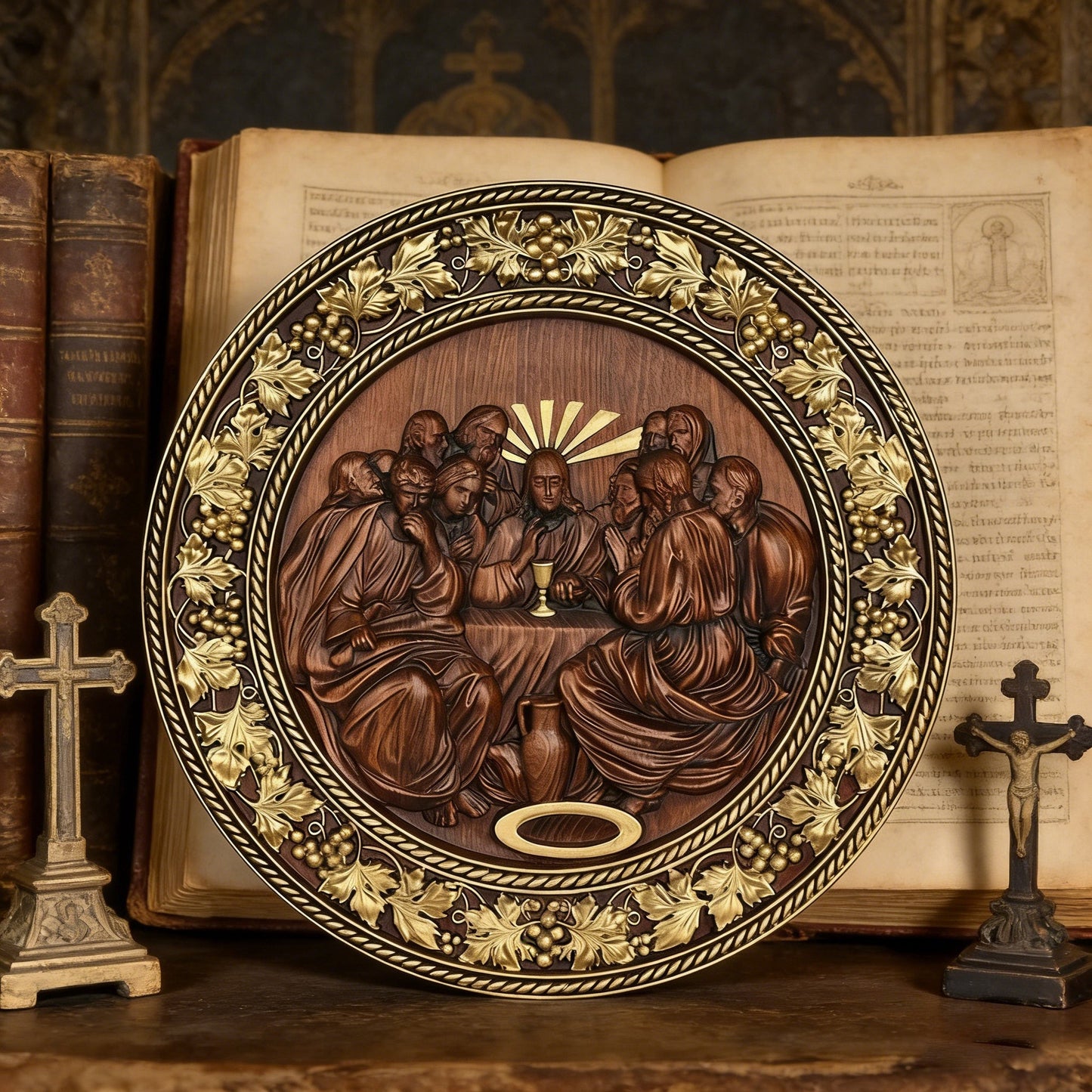 The vintage roundel on an open bible between candles