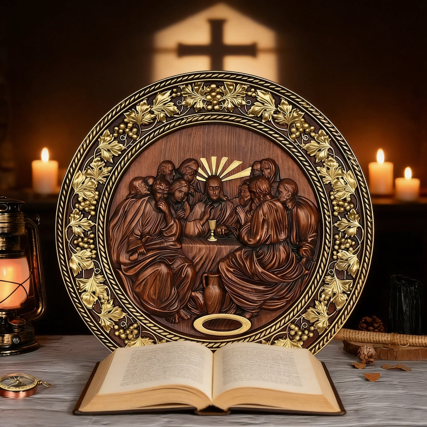 The gold roundel on a desk beside an oil lamp