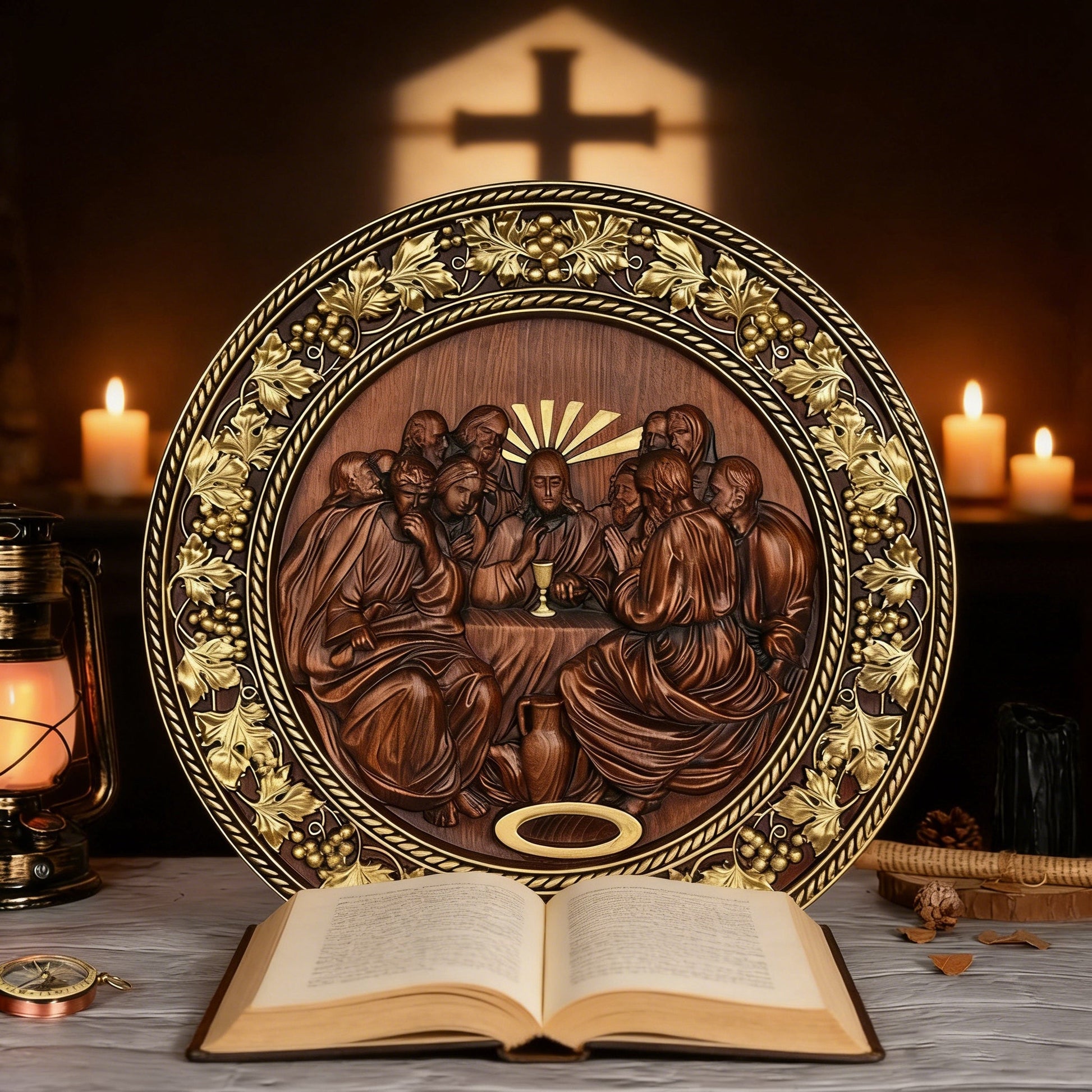 The gold roundel on a desk beside an oil lamp