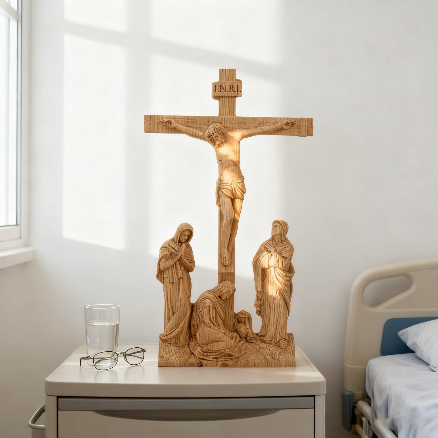 The Crucifixion Scene in natural finish on a bedside table in soft light